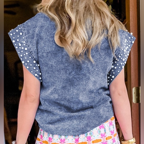 Dusk Blue Acid Wash Pearl
Embellishments O-neck Denim Top - Picture 10 of 16